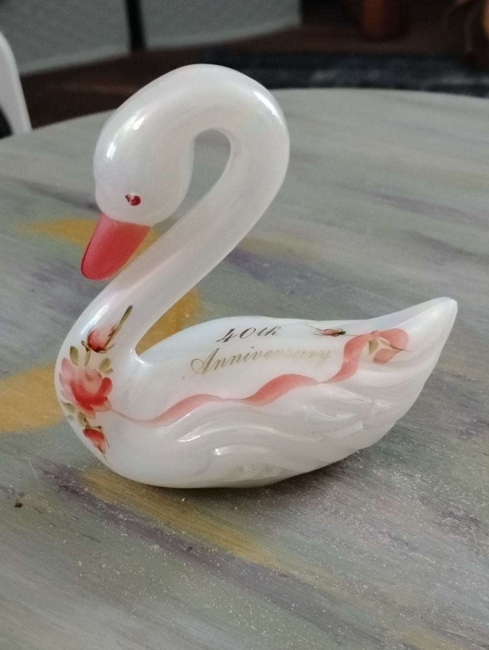 Fenton White Glass Swan with Pink Accents